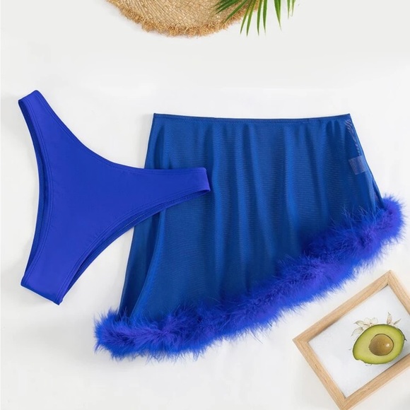 Blue Feather Trim Bikini Set - Picture 1 of 13